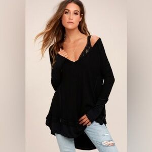 We The Free People Laguna Thermal Waffle Top Long Sleeve Black Size XS Oversized